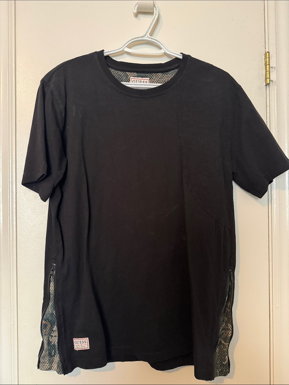 GUESS Black Short Sleeve Crewneck T-Shirt with Mesh Panels